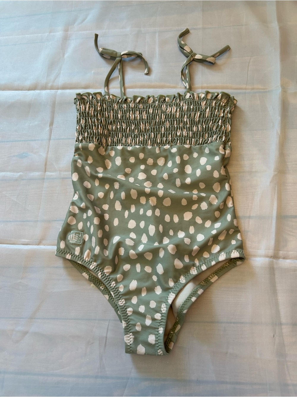 Smocked Olive Green One-Piece Swimsuit with Cream Spot Print